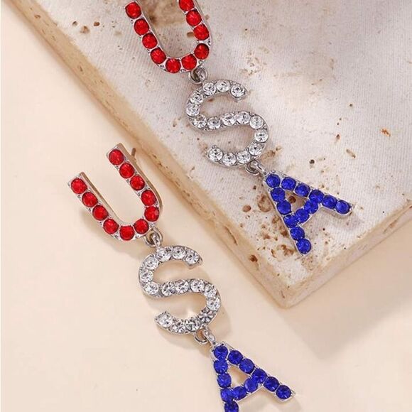 Silver Tone Patriotic USA Drop Earrings independence day - Picture 7 of 7